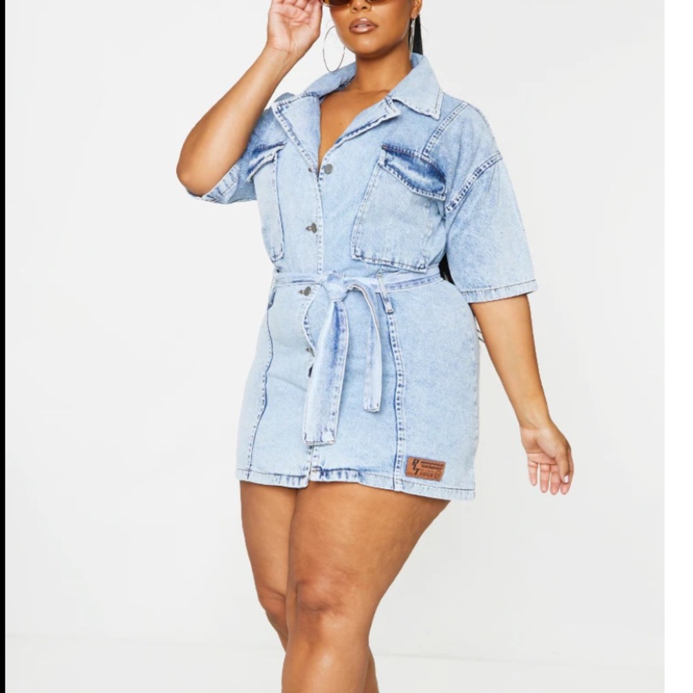Plus Light Wash Tie Waist Button Up Denim Dres